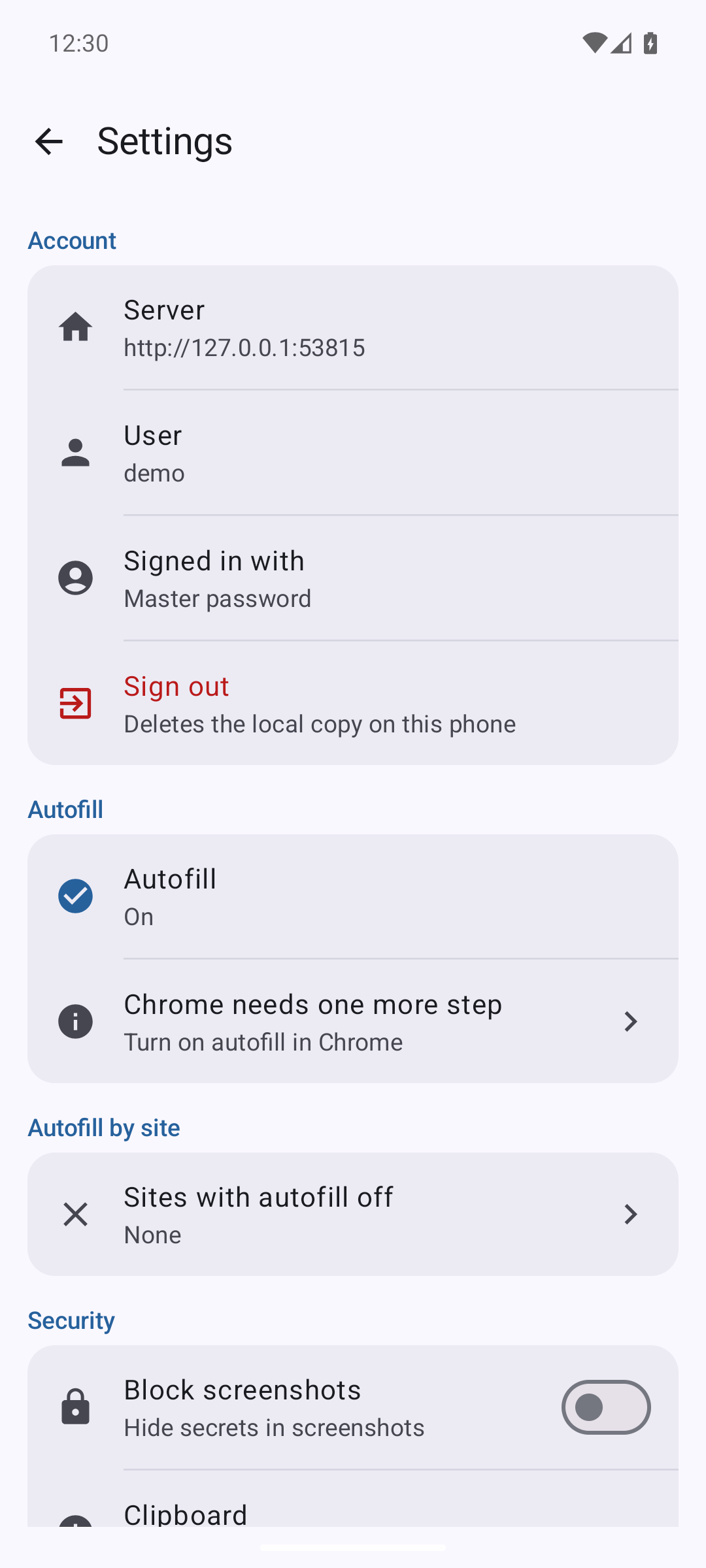 Settings of the Android app