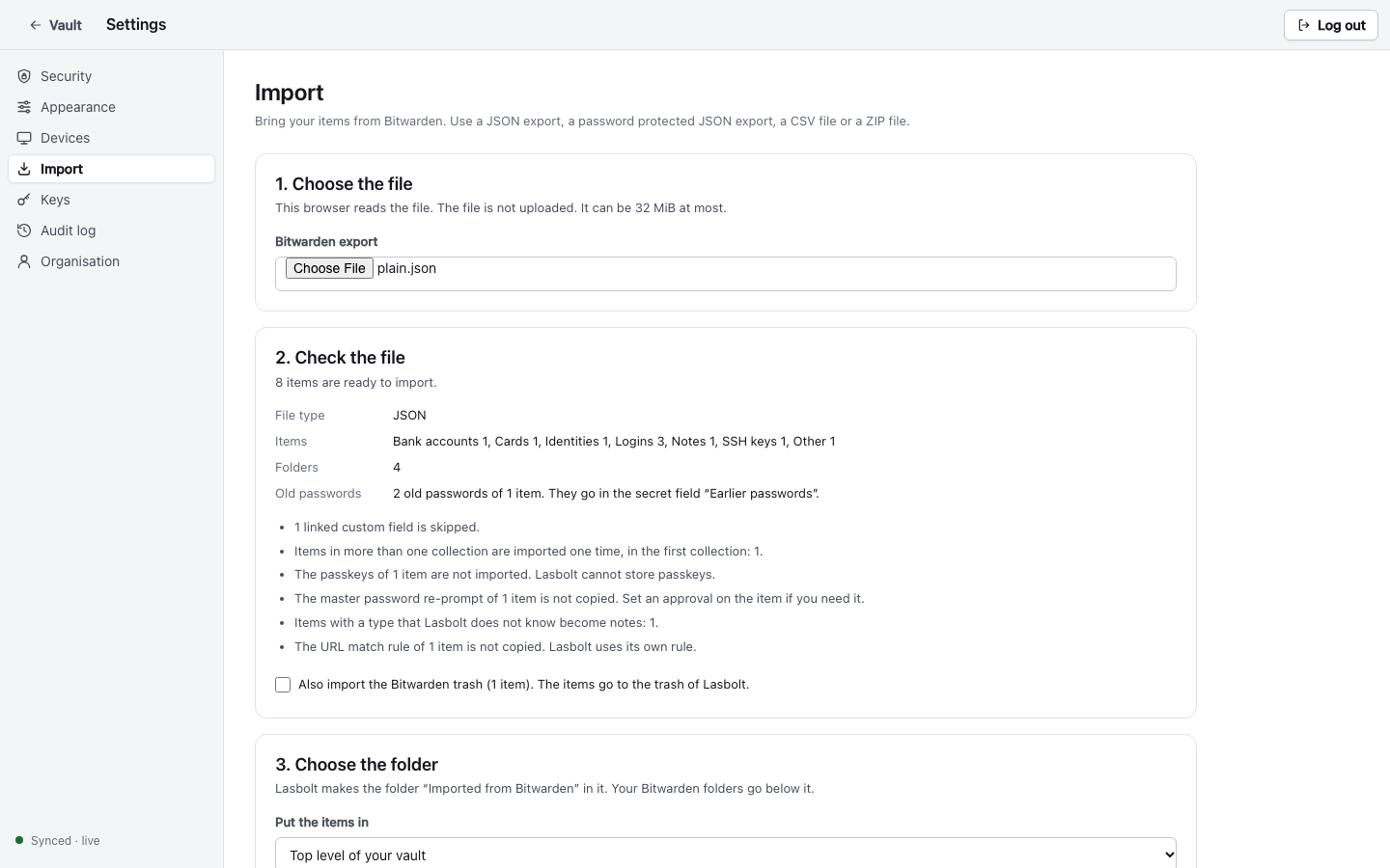 The import report in the web app