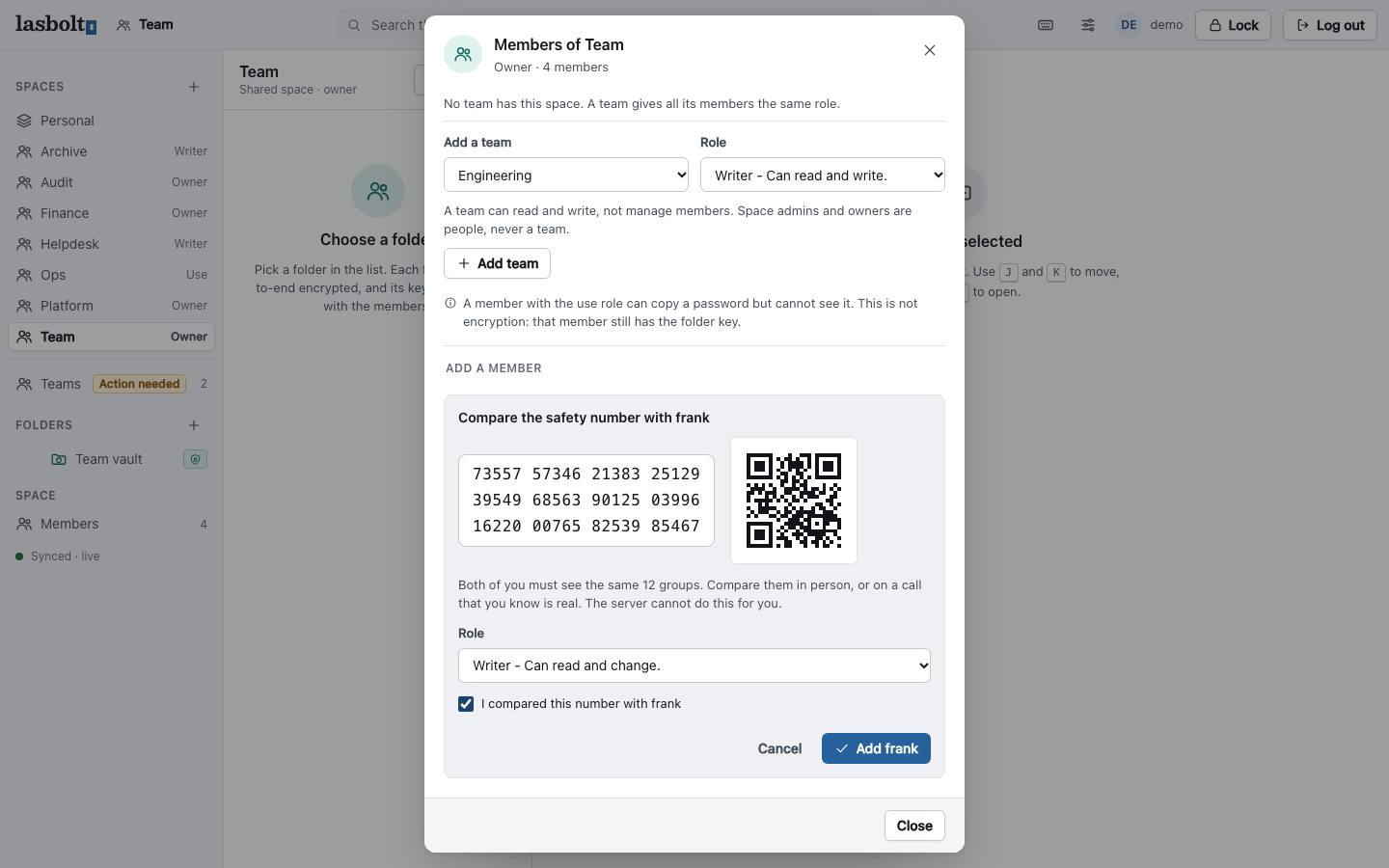 The safety number step when you add a member