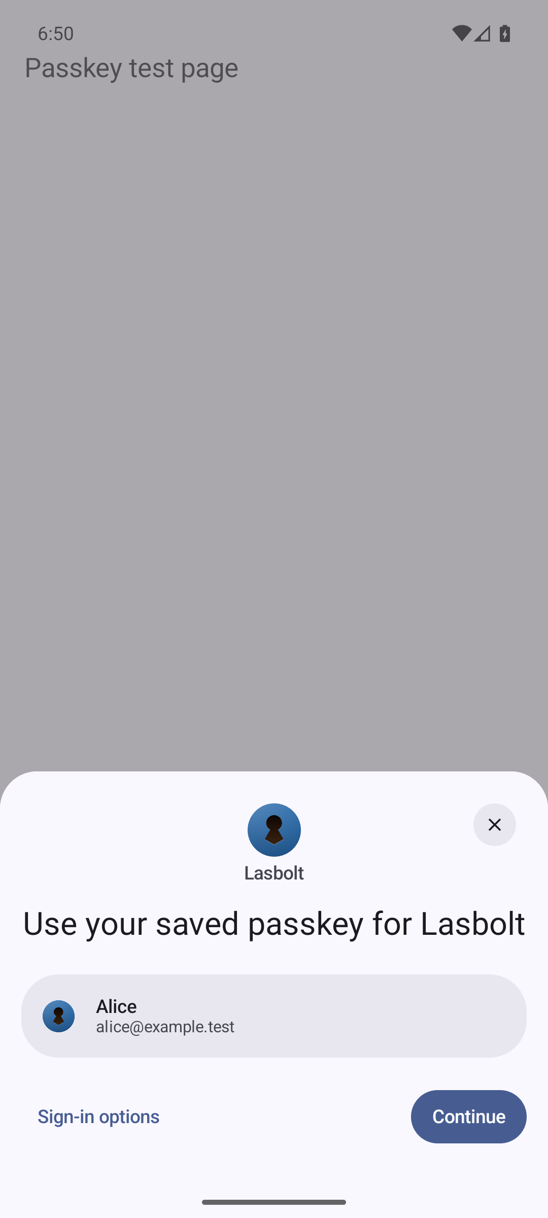 The Android sheet with a Lasbolt passkey