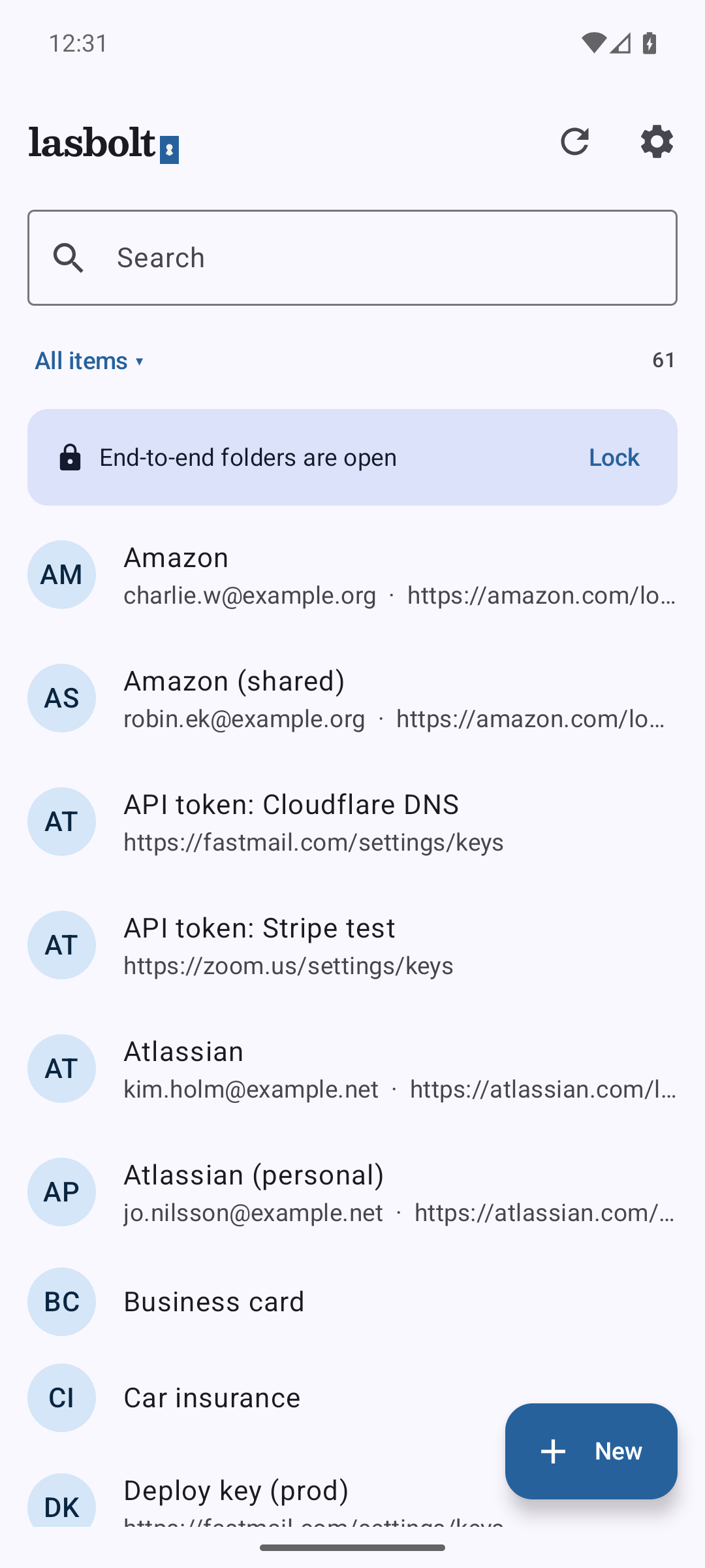 The vault list of the Android app