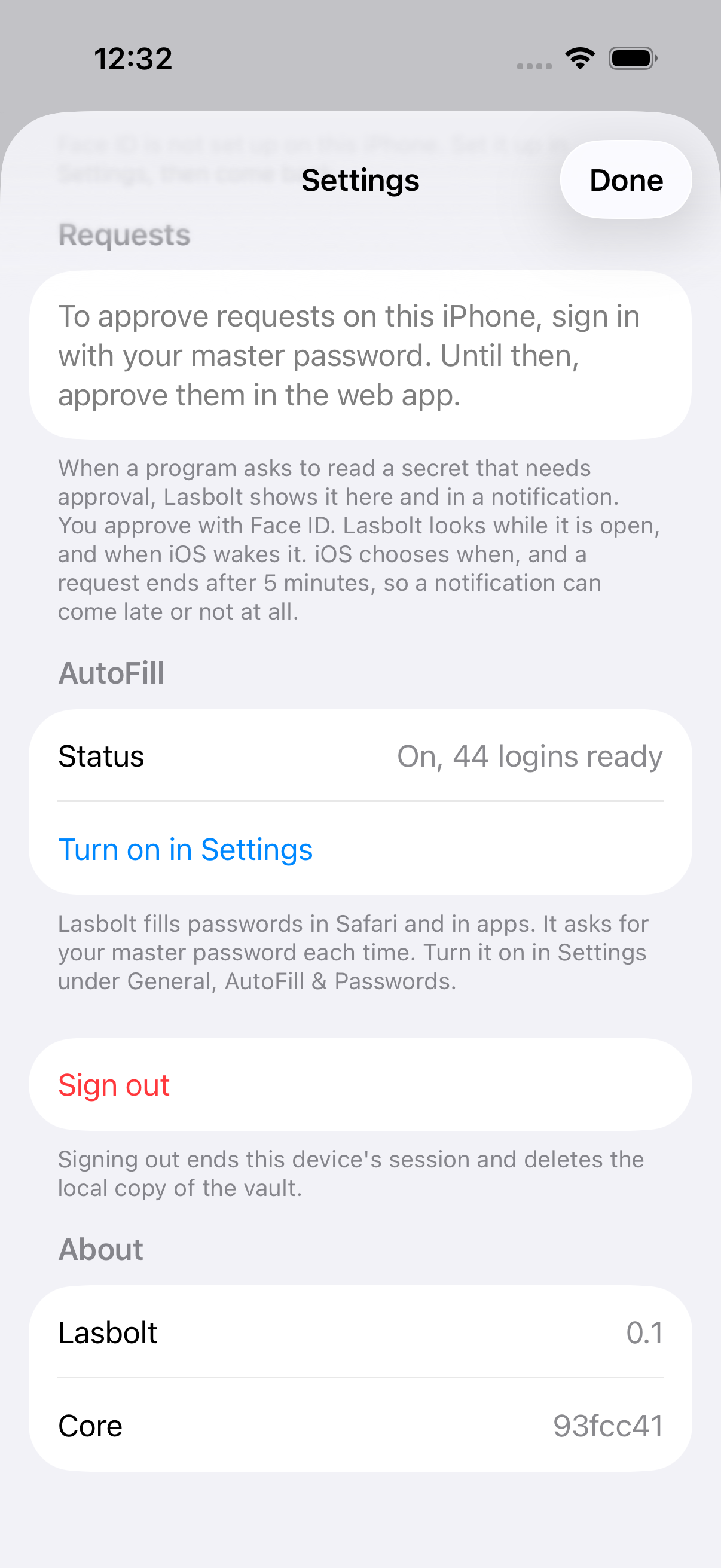 Settings in the iOS app with the AutoFill status