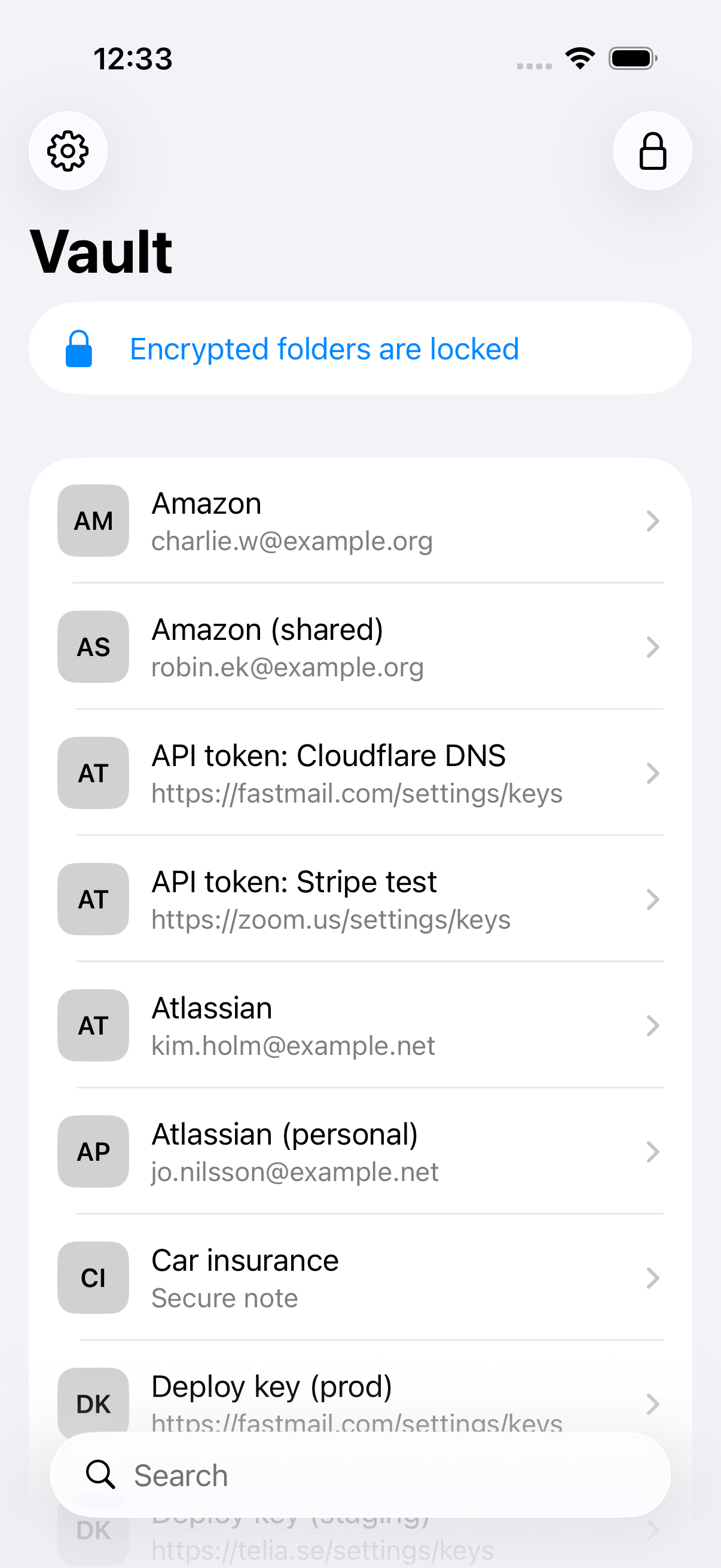 The vault list in the iOS app