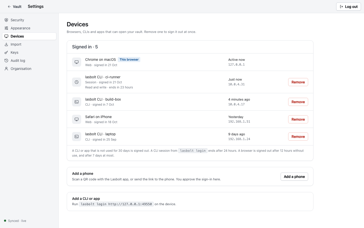 The list of devices in Settings
