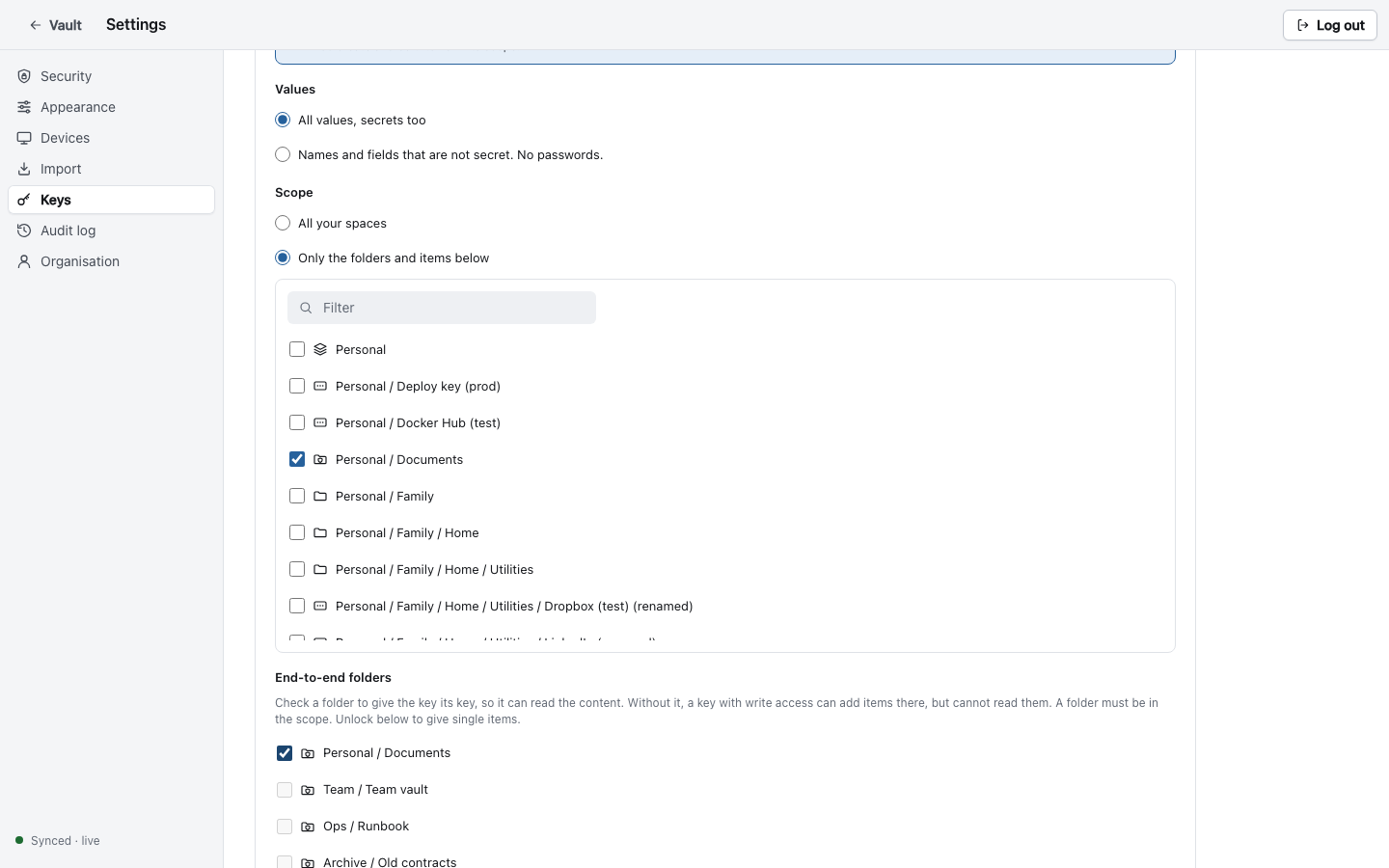 The form that makes a scoped key in the web app