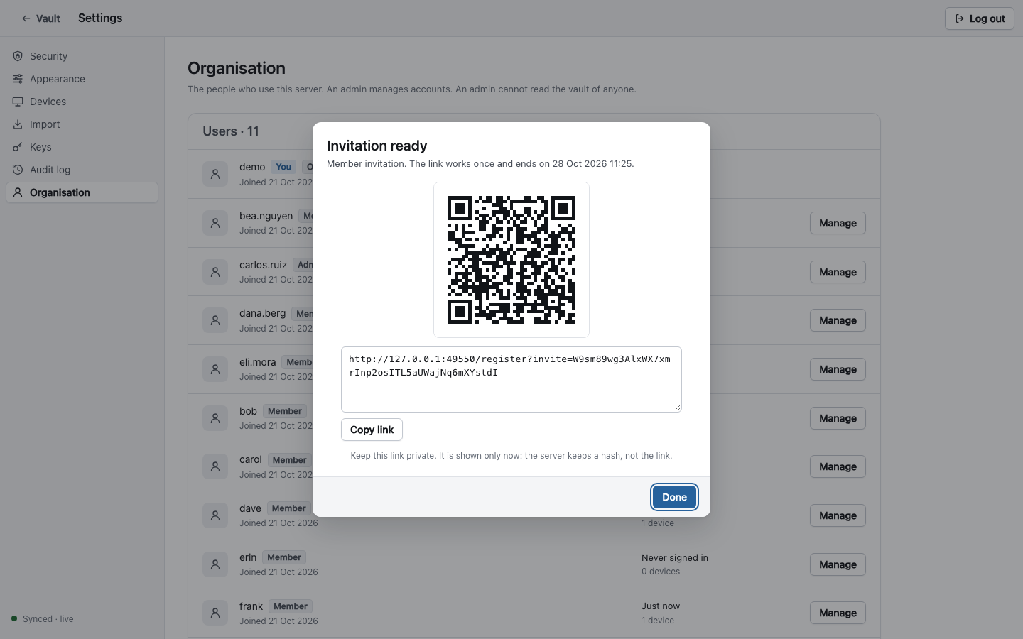 An invitation link and its QR code